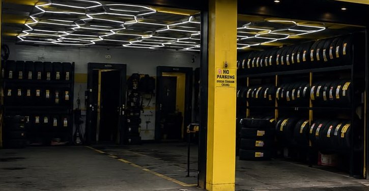 Racks of tyres inside the Tyre Kingdom workshop bays under bright hexagonal ceiling lights